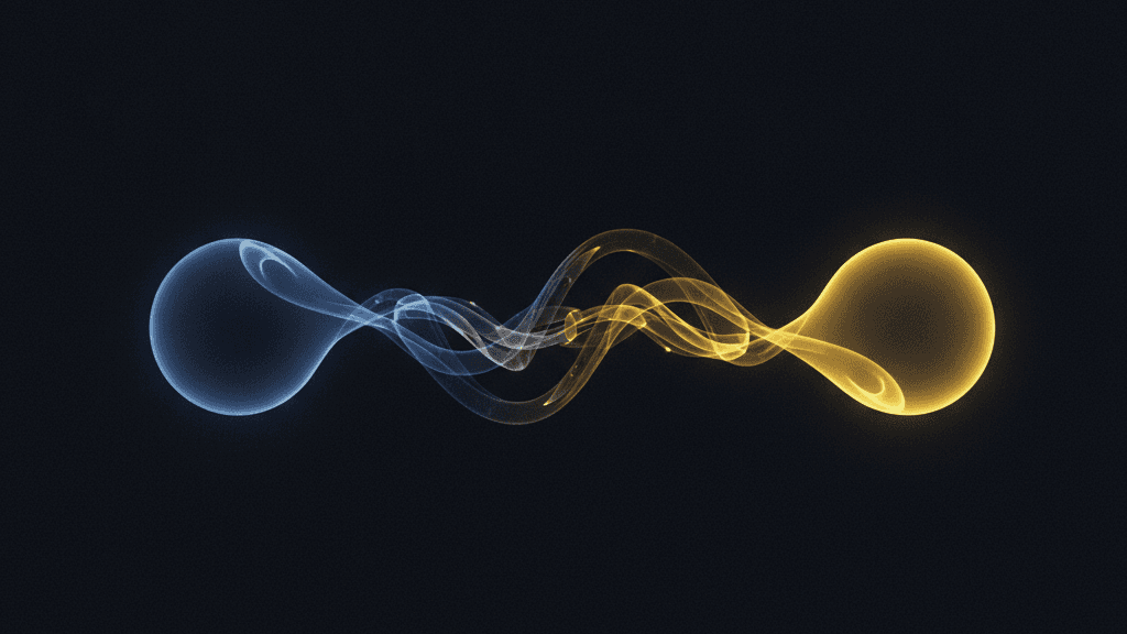 Two abstract nodes on a dark navy field, one yellow, joined by a flowing connective thread