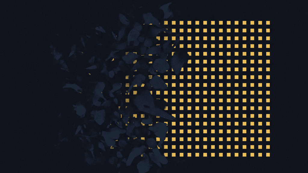Scattered faint marks on a dark navy field resolving into an ordered yellow grid