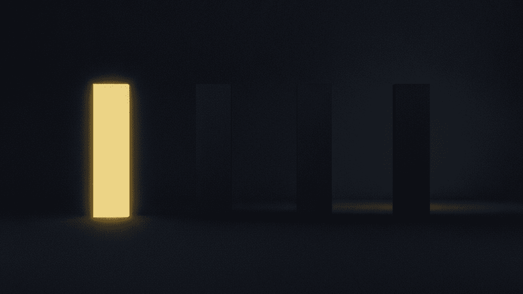 Four abstract blocks on a dark navy field, the first glowing yellow, the rest in shadow