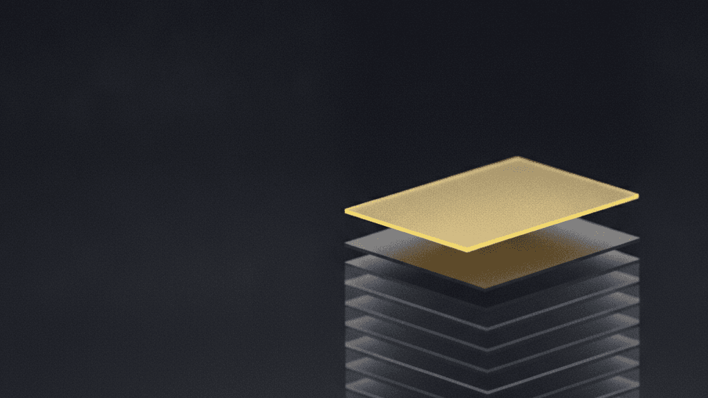 A vertical stack of cards on dark navy, the top one lifted and glowing yellow