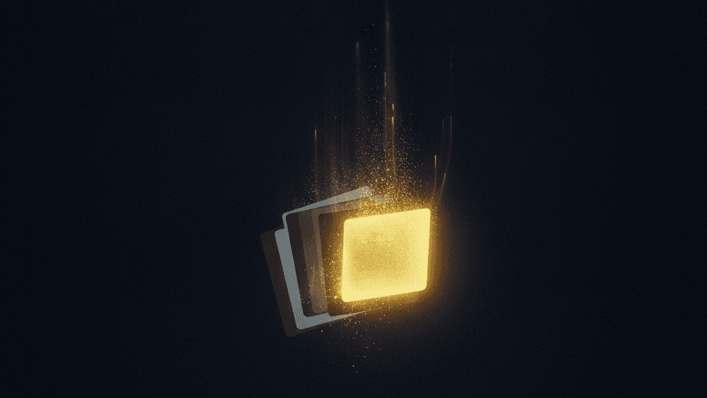 A stack of overlapping cards on a dark navy field dissolving into light, one glowing yellow