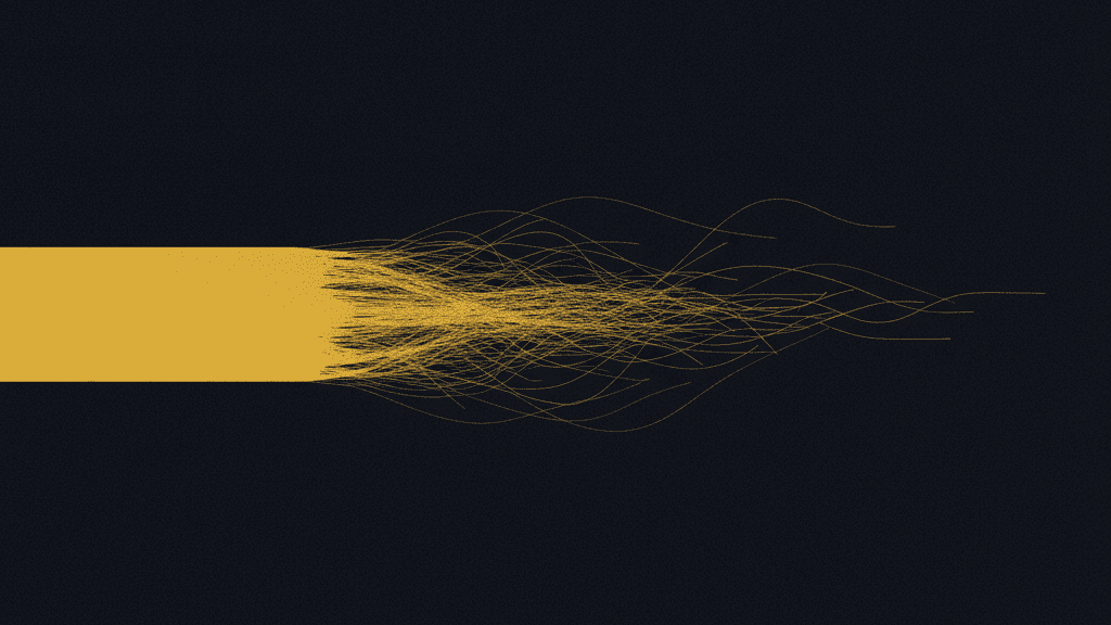 A yellow path on a dark navy field that widens, then frays into thin scattered threads
