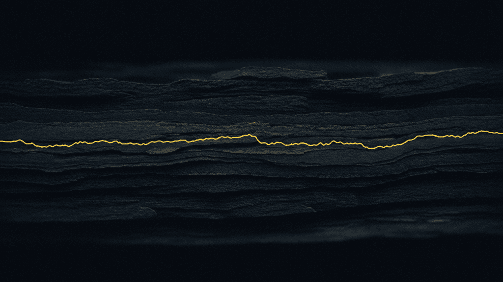 Dense layered strata on a dark navy field with one thin yellow seam running through