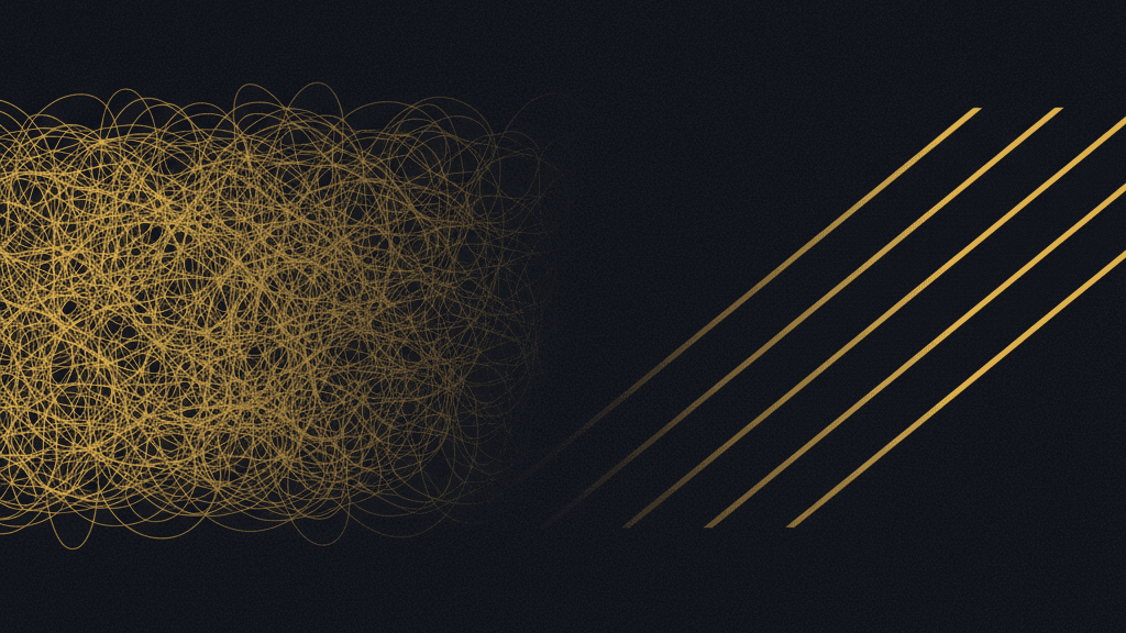A dense block of yellow lines on dark navy thinning out to three clean strokes
