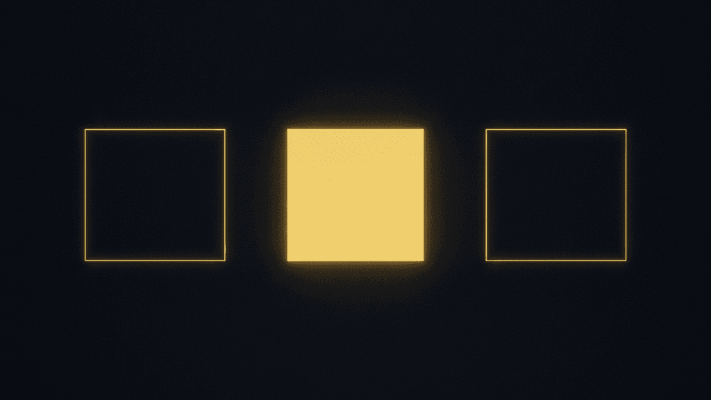 Three interchangeable slots on a dark navy field, one filled with a glowing yellow block
